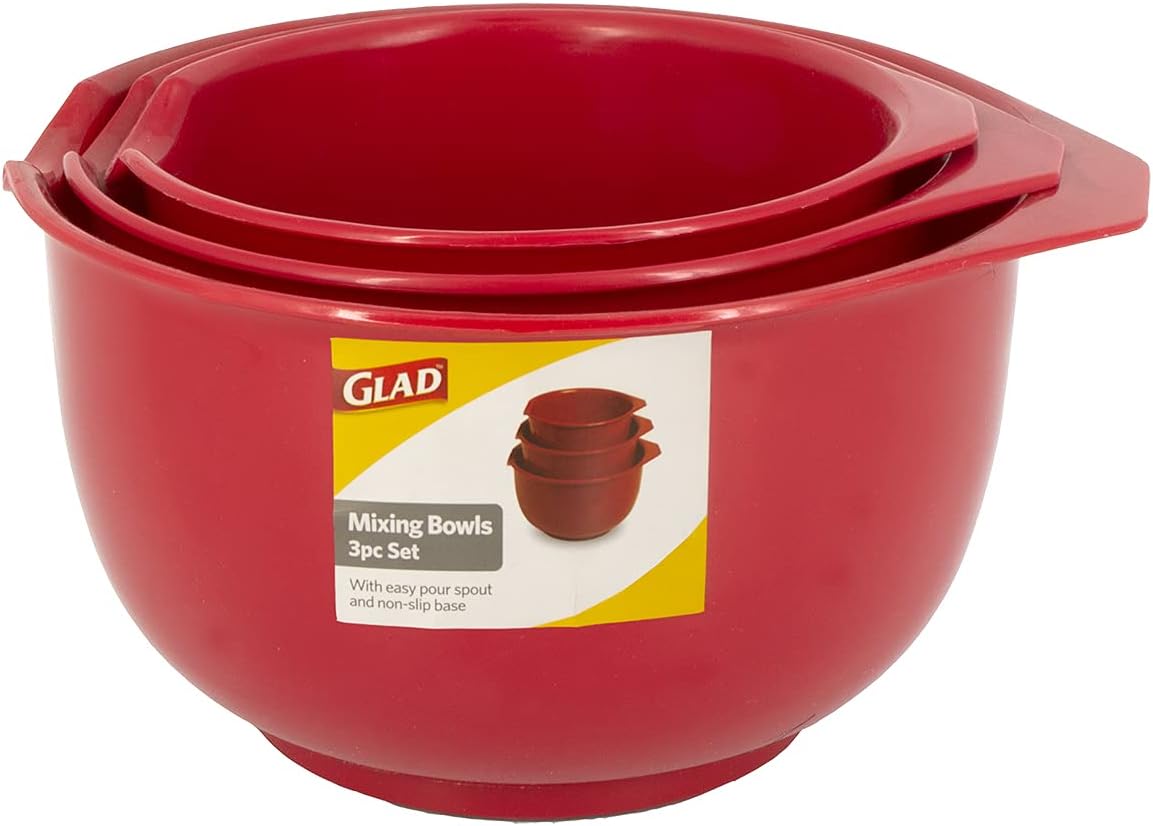 Glad Mixing Bowls with Pour Spout, Set of 4 - Nesting Plastic Bowls (1.2qt, 1.9qt, 2.8qt, and 3qt with Handle) - Non Slip Base, Dishwasher Safe Kitchen Cooking and Baking Supplies, Green