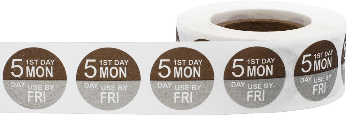 Dissolvable Tuesday Through Saturday 5 Day Food Rotation Labels, 3/4 Inch Use by Stickers, 500 Total Adhesive Labels on a Roll for Restaurant and Kitchen Prep – Made in The USA