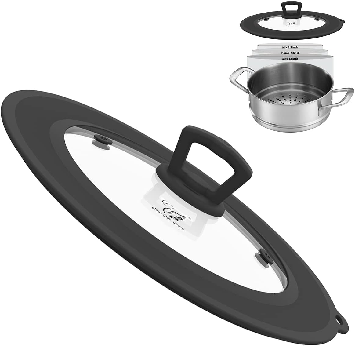 Vented Tempered Glass Universal Lid for Pot Pan Skillet with Heat Resistant Silicone Rim Microwave Splatter Lid Cover Microwave Safe Fit 11.5" 12" 12.5" Cookware, Dishwasher Safe Grey