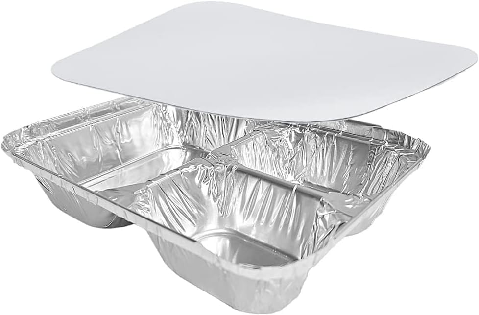 PACTOGO Aluminum Foil 3-Compartment TV Dinner Trays with Board Lid - 8x6 Disposable Tin Foil Pans for Baking, Meal Prep and Freezer, Takeout, Leftovers (Pack of 10 Sets)