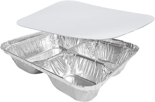 PACTOGO Aluminum Foil 3-Compartment TV Dinner Trays with Board Lid - 8x6 Disposable Tin Foil Pans for Baking, Meal Prep and Freezer, Takeout, Leftovers (Pack of 10 Sets)