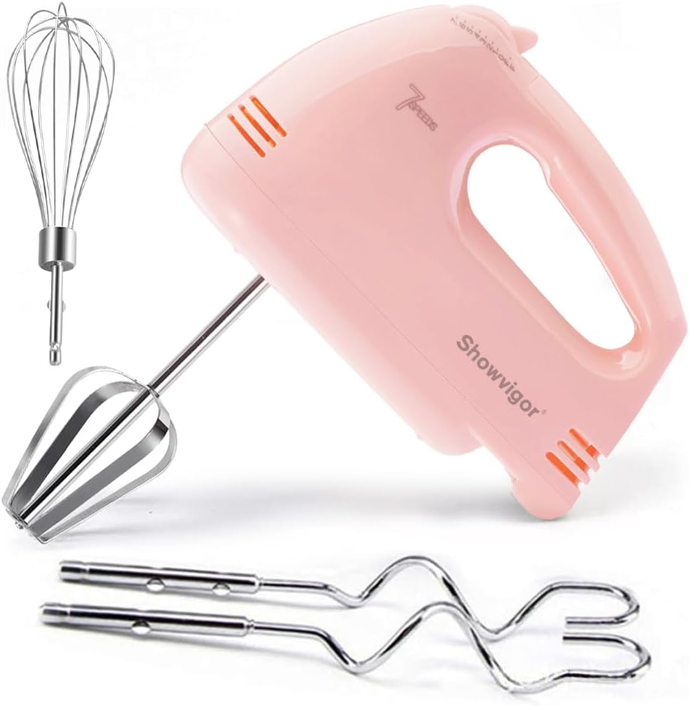 Showvigor Electric Hand Mixer with Stainless Steel Mixing Bowl Set –7 Speeds Turbo-Boost Hand Mixer with Large Mixing Bowls, Measuring Cups, Spoons & Spatula for Kitchen Cakes Eggs Baking(Pink)