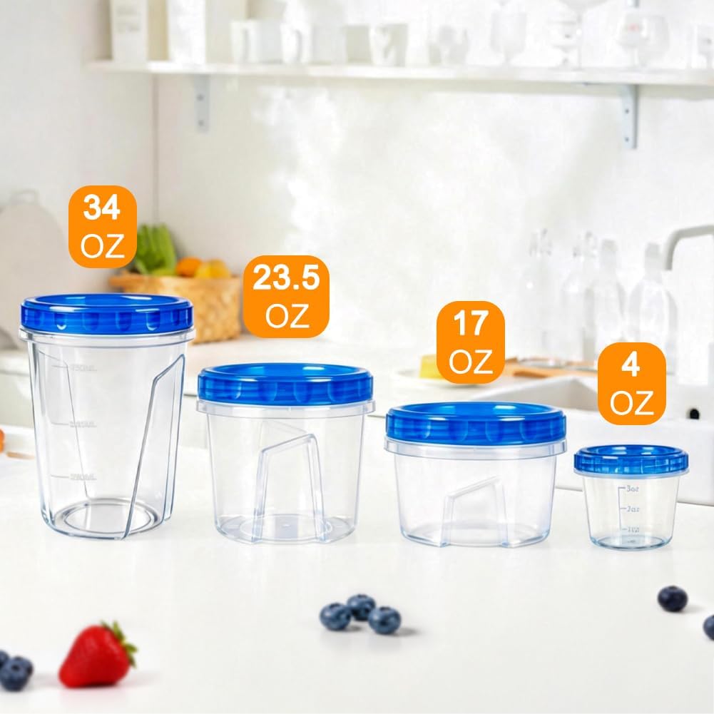 10 Pack 34oz Reusable Freezer Food Storage Containers with Twist Top Lids, Airtight Plastic Meal Prep Food Containers for Leftover Lunch Fruit Salad Oats, Clear Large Soup Container Microwave Safe