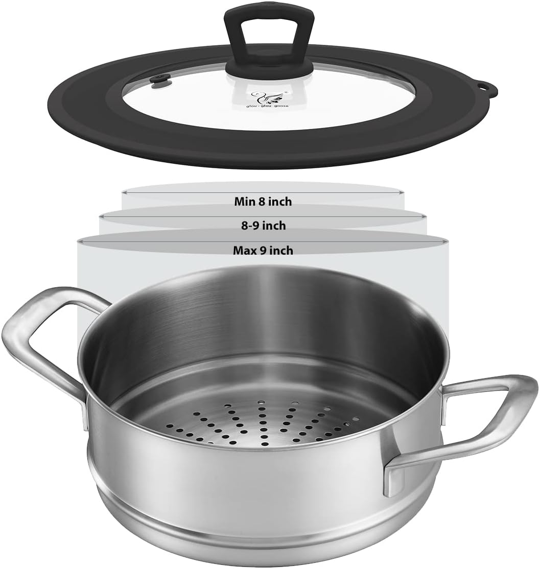 Vented Tempered Glass Universal Lid for Pot Pan Skillet with Heat Resistant Silicone Rim Microwave Splatter Lid Cover Microwave Safe Fit 11.5" 12" 12.5" Cookware, Dishwasher Safe Grey