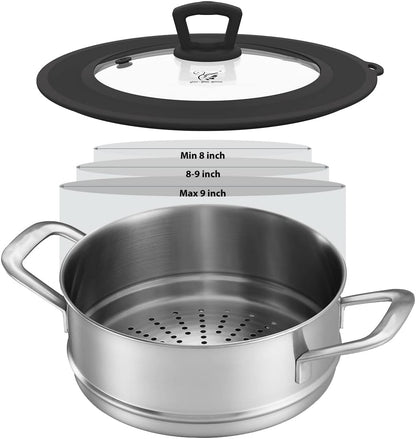 Vented Tempered Glass Universal Lid for Pot Pan Skillet with Heat Resistant Silicone Rim Microwave Splatter Lid Cover Microwave Safe Fit 11.5" 12" 12.5" Cookware, Dishwasher Safe Grey