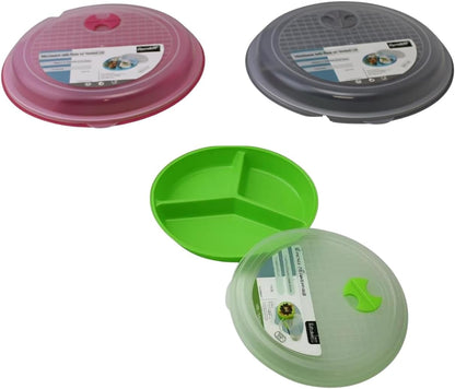 3-Pack Divided Microwave Plates with Vented Lids – Mixed Colors – BPA-Free Reusable Plates for Portion Control, Meal Prep & Leftovers – Stackable, Freezer & Dishwasher Safe