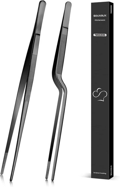 10-inch Cooking Tweezer and Offset Tweezer Set, Tongs Precision Serrated Tips, Stainless Steel Professional Chef Tweezer Kitchen Tools for BBQ, Plating and Serving