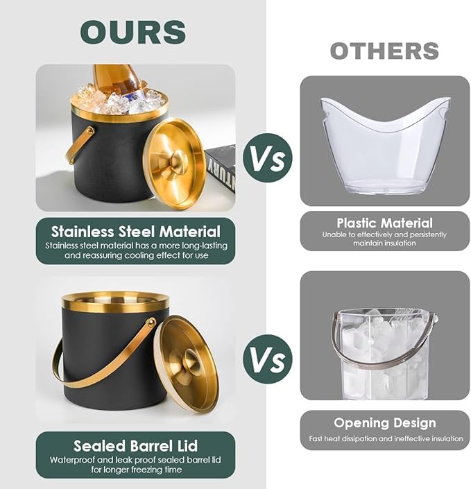 3L beige white Double Wall Insulated Stainless Steel Ice Bucket with scoop for Cocktail Bar,Metal Ice Bucket for freezer with Lid for parties.ice Container to Keep Ice Colder,bar cart accessories