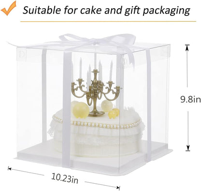 XININSUN 2Pcs Large Cake PET Clear Box, 10" X 10" X 9" with ribbon and pre-folded lid, for 8" cake packing carry, baking cookie display, Carry Tall Layer Gift, Festive Gift Box -White