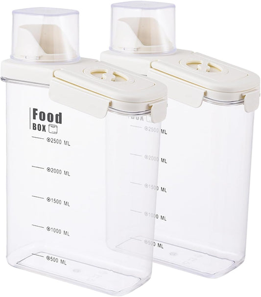 2800ml sealed food storage container with dumping outlet and handle, 2 transparent plastic kitchen grain distributors, suitable for grains, snacks, beans and flour.