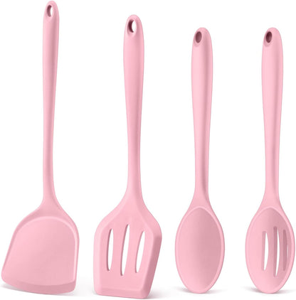 P&P CHEF Kitchen Utensil Set, 4 Pieces Non-stick Silicone Cooking Utensils, Heat-resistant Slotted Solid Spoon Turner for Frying, Mixing, Serving, Non-toxic & Easy to Clean, Blue
