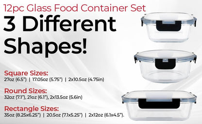 Magic Mill Premium Borosilicate Glass Food Storage Containers with lids Set | 24pc Sets with 12 Bowls & 12 Airtight Locking Lids for Lunch & Meal Prep, Safe for Oven, Freezer, Dishwasher, BPA-Free