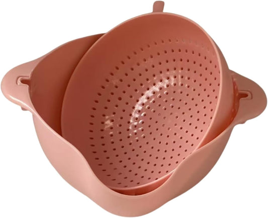 Modern Creative Double Layer Vegetable & Fruit Washing Basket – Durable Plastic Strainer in Pink–Multipurpose Kitchen Colander for Washing, Draining & Serving – Space-Saving Lightweight