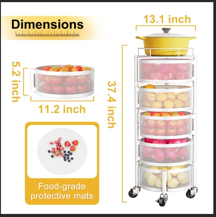 SNTD Fruit and Vegetable Basket Bowls for Kitchen with Metal Top Lid, 5 Tier Rotating Storage Rack Cart for Potato Onion Bread Banana, Wire Basket Organizer on Wheels, Large, Black