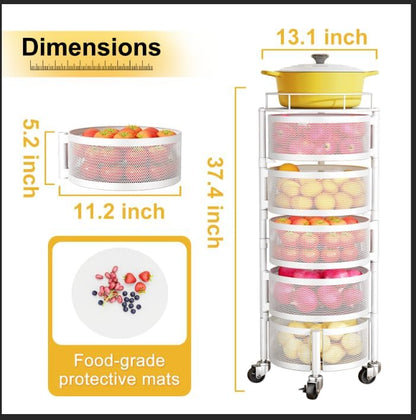 SNTD Fruit and Vegetable Basket Bowls for Kitchen with Metal Top Lid, 5 Tier Rotating Storage Rack Cart for Potato Onion Bread Banana, Wire Basket Organizer on Wheels, Large, Black