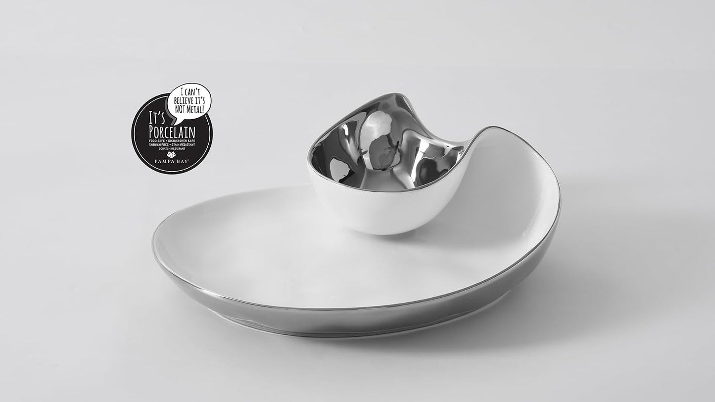 Pampa Bay Titanium-Plated Porcelain Chip and Dip, 12 x 10 Inch, Gold/White Tone, Oven, Freezer, Dishwasher Safe