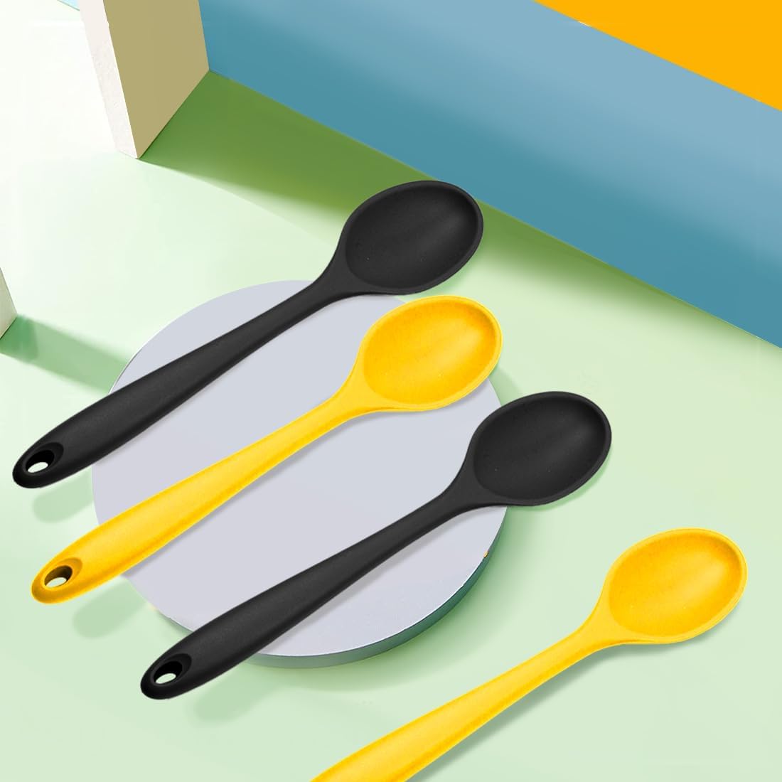 8 Pcs 8inch Heat Resistant Cooking Spoons for Nonstick Cookware Set -Ideal for Cooking, Baking, Mixing, Stirring Includes Slotted & Solid Spoons, Design for Nonstick Cookware (Black+Red+Green+Purple)