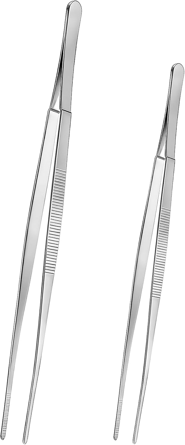 Cooking Tweezers 12 & 10 Inch Kitchen Food Tongs Stainless Steel Cooking Utensils with Precision Serrated Tips for Chef, Serving Food, Culinary, Plating