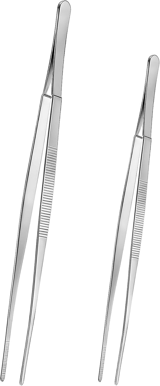 Cooking Tweezers 12 & 10 Inch Kitchen Food Tongs Stainless Steel Cooking Utensils with Precision Serrated Tips for Chef, Serving Food, Culinary, Plating