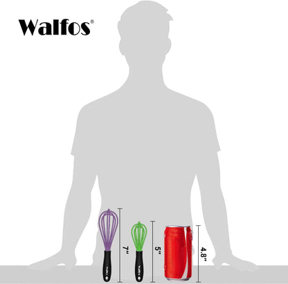 Walfos Silicone whisk,Whisks for Cooking Non Scratch, BPA Free whisk set of 4, 7+9+11in Balloon Whisks & 11in Flat Whisk, Heat Resistant(480°F).Great for Cooking in Pans, Baking, Whisking.Blue