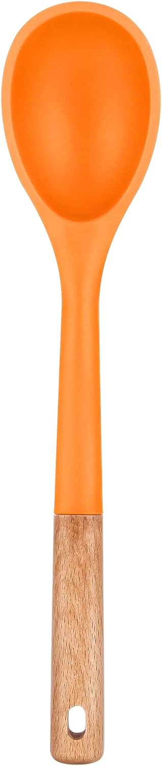 Large Silicone Cooking Spoons, Nonstick Solid Wooden Handle Spoon, Heat Resistan Silicone Kitchen Spoons for Cooking, Serving, Basting, Mixing, 13.2inch (Grey)