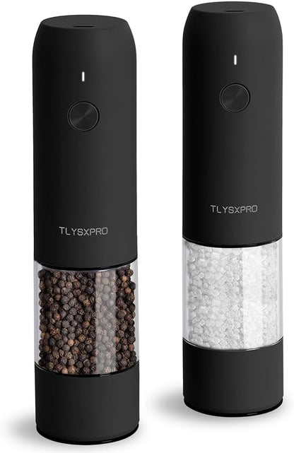 Electric Salt and Pepper Grinder Set, USB Rechargeable, Automatic Salt and Pepper Mill Grinder with Adjustable Coarseness, Electric Salt Shakers, LED Light, Refillable (2 Packs, Greige)