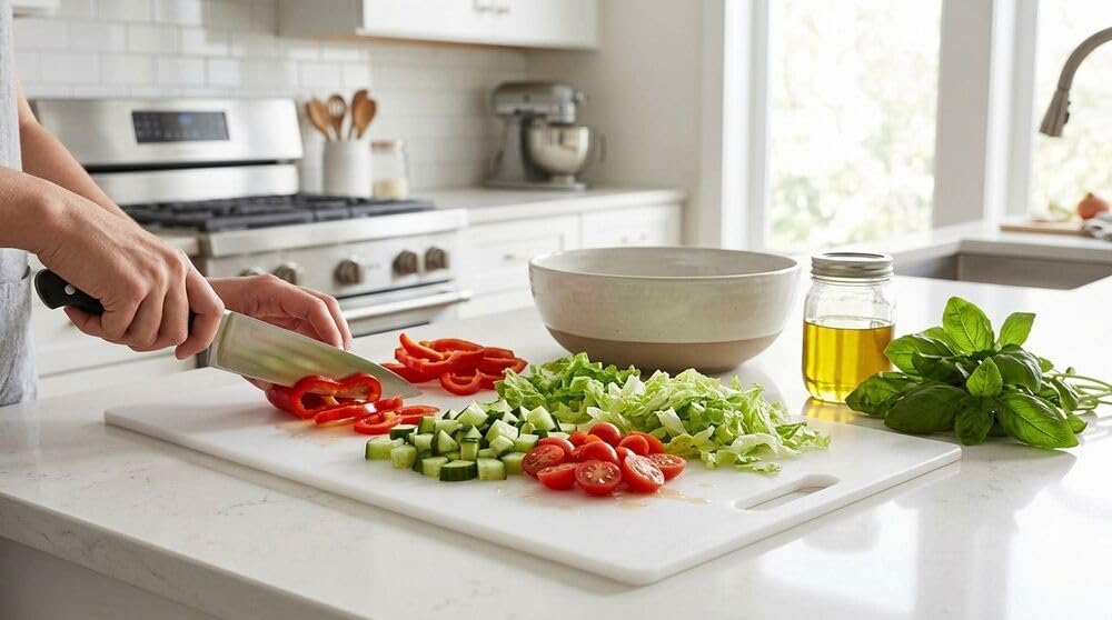 FARBERWARE Large Cutting Board, Dishwasher- Safe Plastic Chopping Board for Kitchen with Easy Grip Handle, 11in by 14in, White