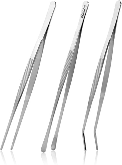 3PCS Kitchen Tweezers Set, 12 Inch Stainless Steel Cooking Tongs | Precision Grip Tips Heat Safe Long Reach Rust Resistant Stainless Steel for Cooking Plating BBQ and Food Preparation