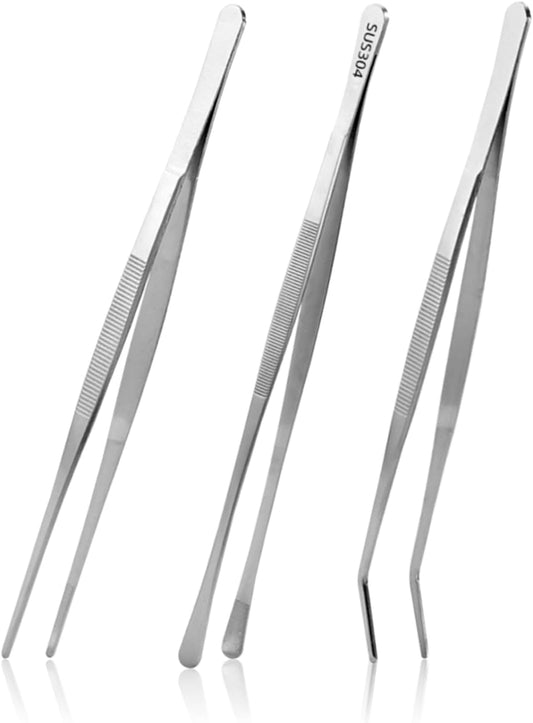 3PCS Kitchen Tweezers Set, 12 Inch Stainless Steel Cooking Tongs | Precision Grip Tips Heat Safe Long Reach Rust Resistant Stainless Steel for Cooking Plating BBQ and Food Preparation