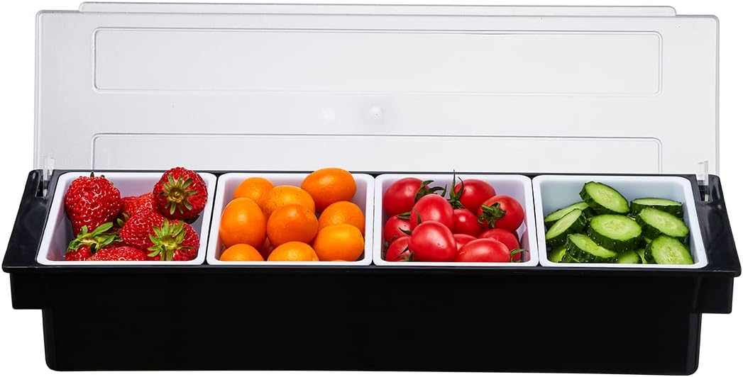 Ice Cooled Condiment Serving Container-6 Compartment Chilled Garnish Tray Bar Caddy with Hinged Lid (6 Compartments)