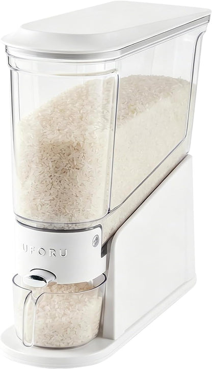 UFORU Rice Dispenser 22Lbs, Slim Rice Storage Container for Small Space, BPA-Free Clear Dry Food Dispenser Sealed Moisture Proof, Grain&Cereal Storage Bucket for Kitchen Pantry Household, Cream White