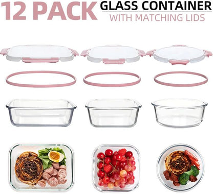 12 Pack Glass Storage Containers Transparent, Stackable Design Meal Prep Containers for Food Storage, Home, Kitchen & Pantry Organization, Microwave/Freezer/Dishwasher Safe