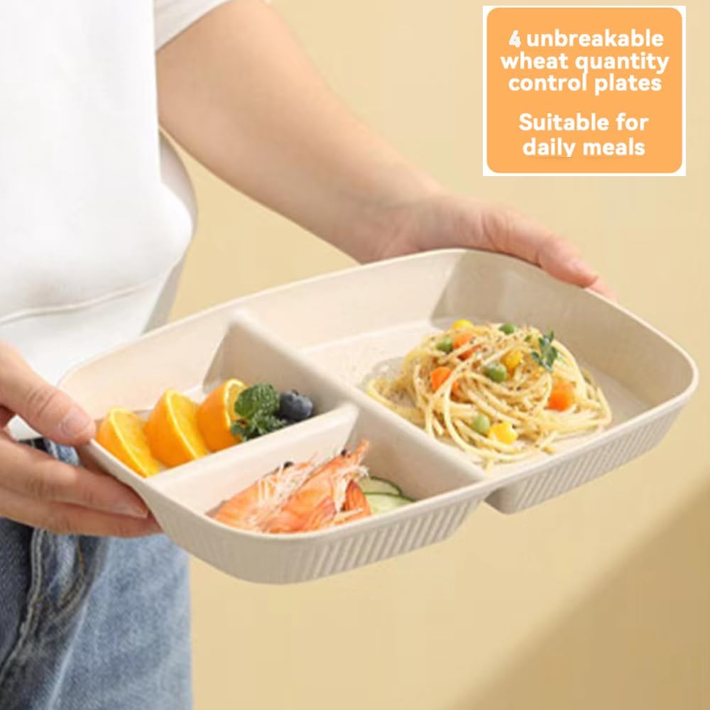 Divided Plates 10.5 Inch for Adults, Portion Control Bariatric Plate, Wheat Straw Plates with 3 Compartments, Unbreakable Reusable Portion Control Plates, BPA Free(4PCS) (INS Series-4PACK)