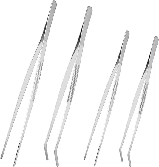 4 Pcs Kitchen Tweezers Fine Cooking Tongs 10 Inch & 12 Inch Stainless Steel Precision Serrated Tongs with Straight & Curved Round Tips for Cooking Serving & Barbecue