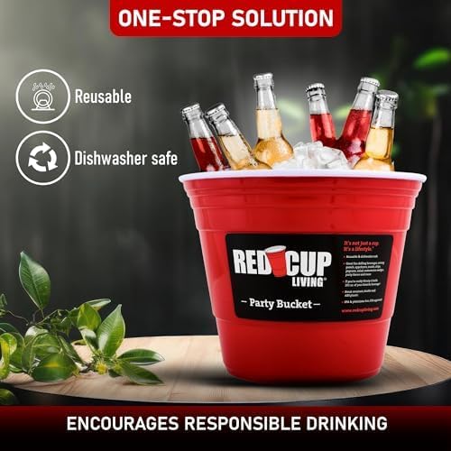 Red Cup Living Large Party Ice Bucket, 201 oz Insulated Drink Cooler for Parties, Bar & Kitchen, Durable Plastic Beer, Wine & Champagne Beverage Tub for Holiday