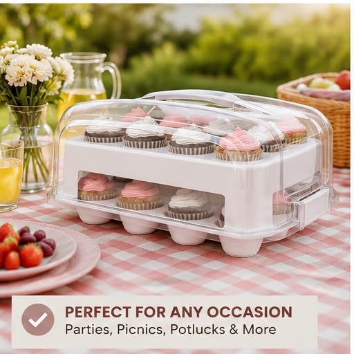 Top Shelf Elements Cupcake Carrier, EXTRA TALL LID, Green Cupcake Holder Carries 24 Standard-Size Cupcakes, Muffin Traveler Two Tier Stand Reusable Cupcake Box