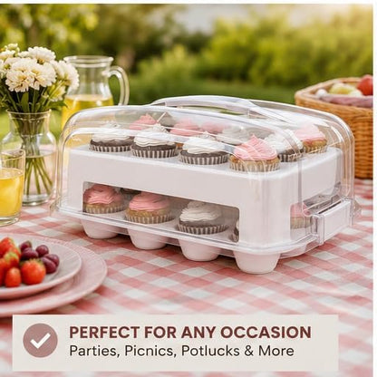 Top Shelf Elements Cupcake Carrier, EXTRA TALL LID, Green Cupcake Holder Carries 24 Standard-Size Cupcakes, Muffin Traveler Two Tier Stand Reusable Cupcake Box