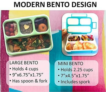Bento Lunch Box for Kids or Adults, Snack Containers for Boys, Girls, School Daycare Work, 3 Divided Compartments Meal Planning Portion Control, BPA-Free Boxes, Utensils | Blue Purple 2 pack