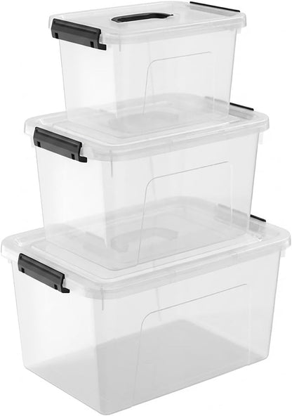 Plastic Storage Bins with Lids, 2 Pack Mixed Sizes (7 Qt, 16 Qt) Clear Black with Lid Stackable Organizer Boxes with Latches for Closet, Pantry, Bathroom, Office
