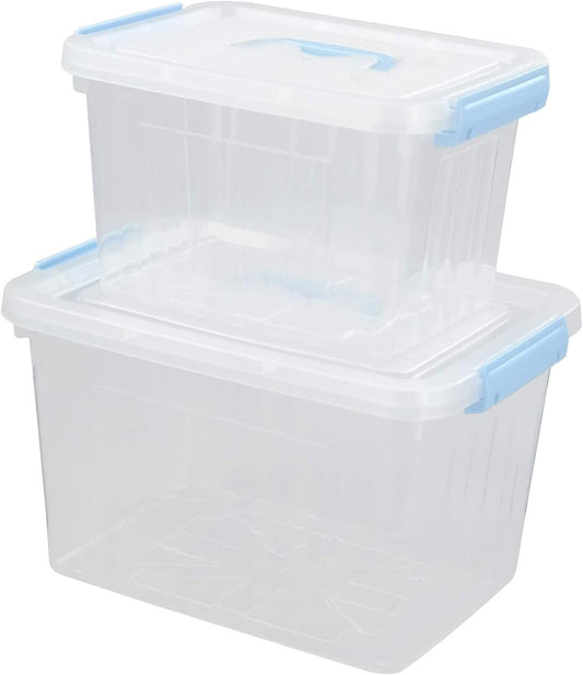 Hespama 2 Pack Lidded Storage Bin, Plastic Latching Container Box with Handle, 12 Quart & 6 Quart