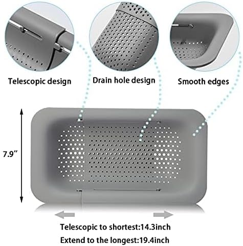 KesaPlan Collapsible Sink Colanders and Strainers Basket Over the Colander Extendable Plastic Fruit Vegetable Strainer Drainer for Kitchen(Length 14.3-19.4 inch)(Gray Set of 2)