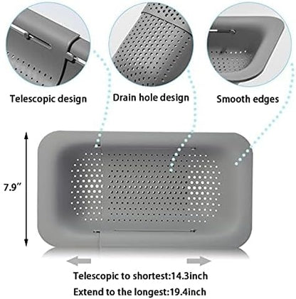 KesaPlan Collapsible Sink Colanders and Strainers Basket Over the Colander Extendable Plastic Fruit Vegetable Strainer Drainer for Kitchen(Length 14.3-19.4 inch)(Gray Set of 2)