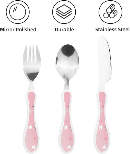 3-Piece Kids Silverware Set With Storage Case, Stainless Steel Reusable Children Safe Knife Spoon Fork Set Blue Active Girl Running Sunset Children Flatware Set For Kids Lunch Box - Colors B