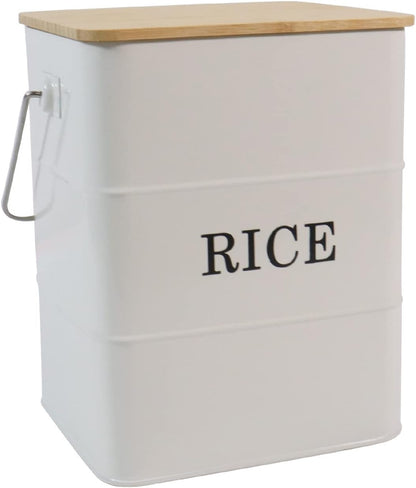 Rice Container Metal Rice Storage Bin, Rice Storage Box with Airtight Bamboo Lid & Scoop, Food Storage Container for Rice Flour Soybean Grain Cereal (White)