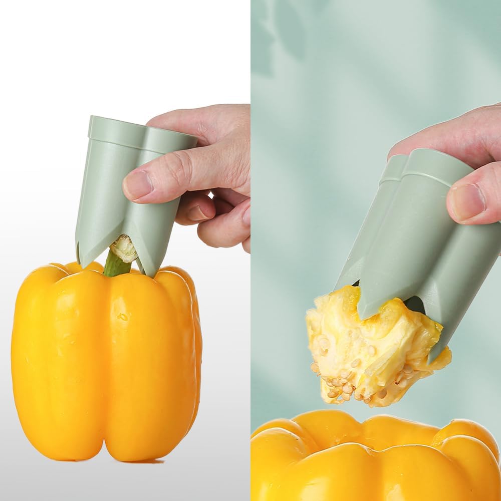 Pepper Seed Corer Remover, 2025 Upgrade 2 in 1 Bell Pepper Cutter Seed Remover Tool, Quick Cut and Deseed Bell Fruit Pepper Corer for Vegetables Kitchen Gadget (1, Green)