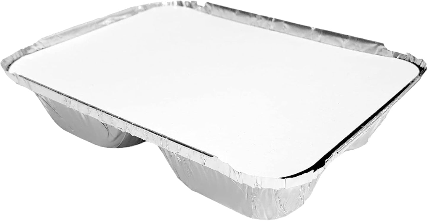 PACTOGO Aluminum Foil 3-Compartment TV Dinner Trays with Board Lid - 8x6 Disposable Tin Foil Pans for Baking, Meal Prep and Freezer, Takeout, Leftovers (Pack of 10 Sets)