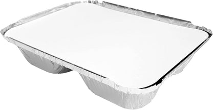 PACTOGO Aluminum Foil 3-Compartment TV Dinner Trays with Board Lid - 8x6 Disposable Tin Foil Pans for Baking, Meal Prep and Freezer, Takeout, Leftovers (Pack of 10 Sets)