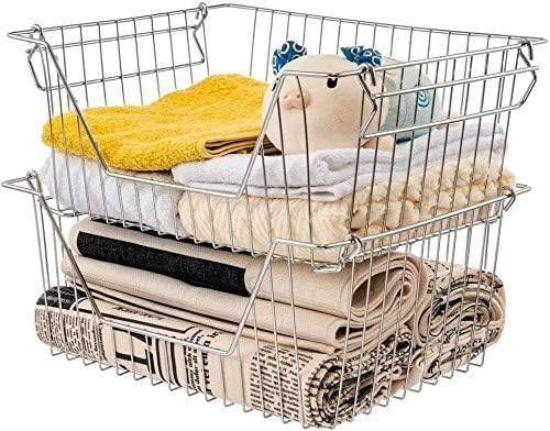 Stackable Wire Metal Baskets Sturdy Cabinet Organizer Wire Pantry Freezer Bin with Handle for Kitchen Fruit Vegetable Organization, Black, 3Packs