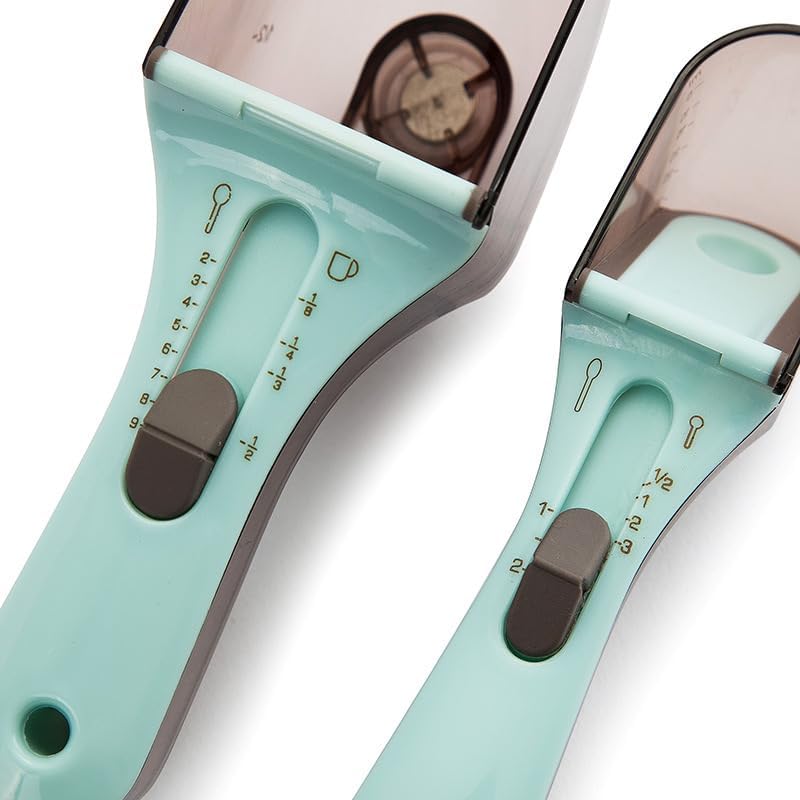 Adjustable Measuring Spoons Set, Mint Green and Gray, Plastic Kitchen Tools with Scale Markings, Baking Utensils