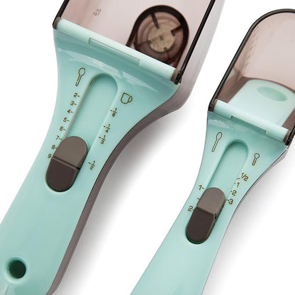 Adjustable Measuring Spoons Set, Mint Green and Gray, Plastic Kitchen Tools with Scale Markings, Baking Utensils